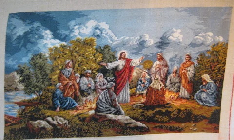 Ungerahmter Wandteppich mit Jesus, der die Arme ausbreitet, und den Aposteln am Wasser