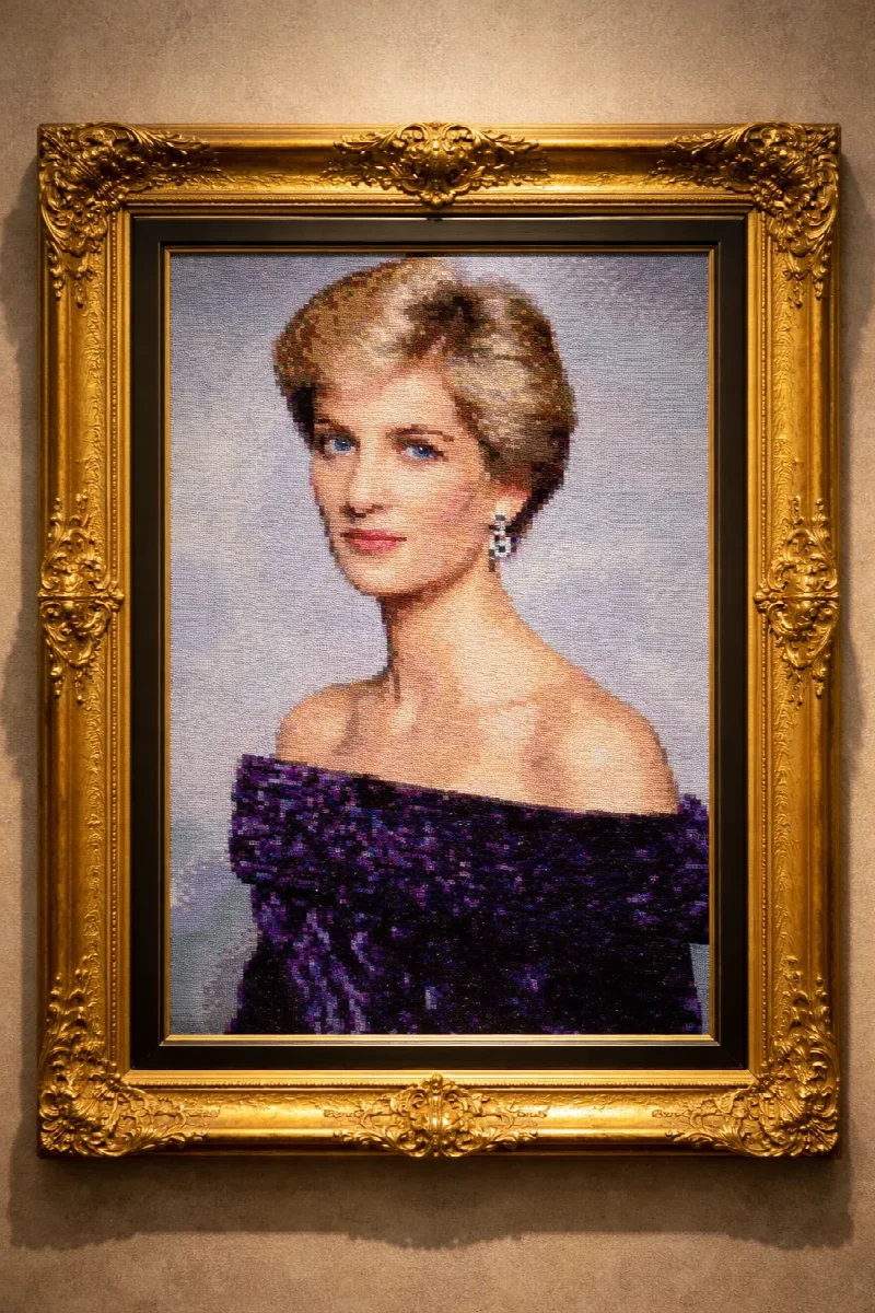 Księżna Diana w fioletowej sukni z odkrytymi ramionami, przedstawiona w ramie w kolorze złota