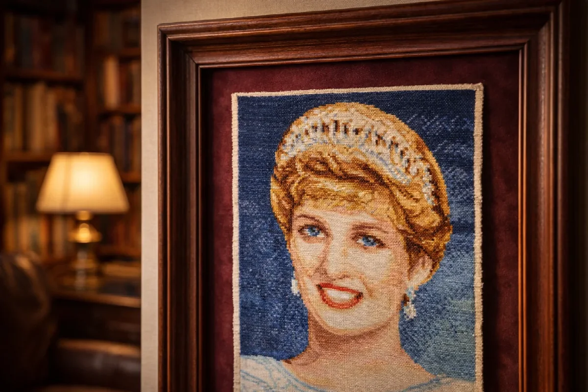 La principessa Diana sorridente con tiara e orecchini pendenti, in una presentazione con cornice di legno scuro
