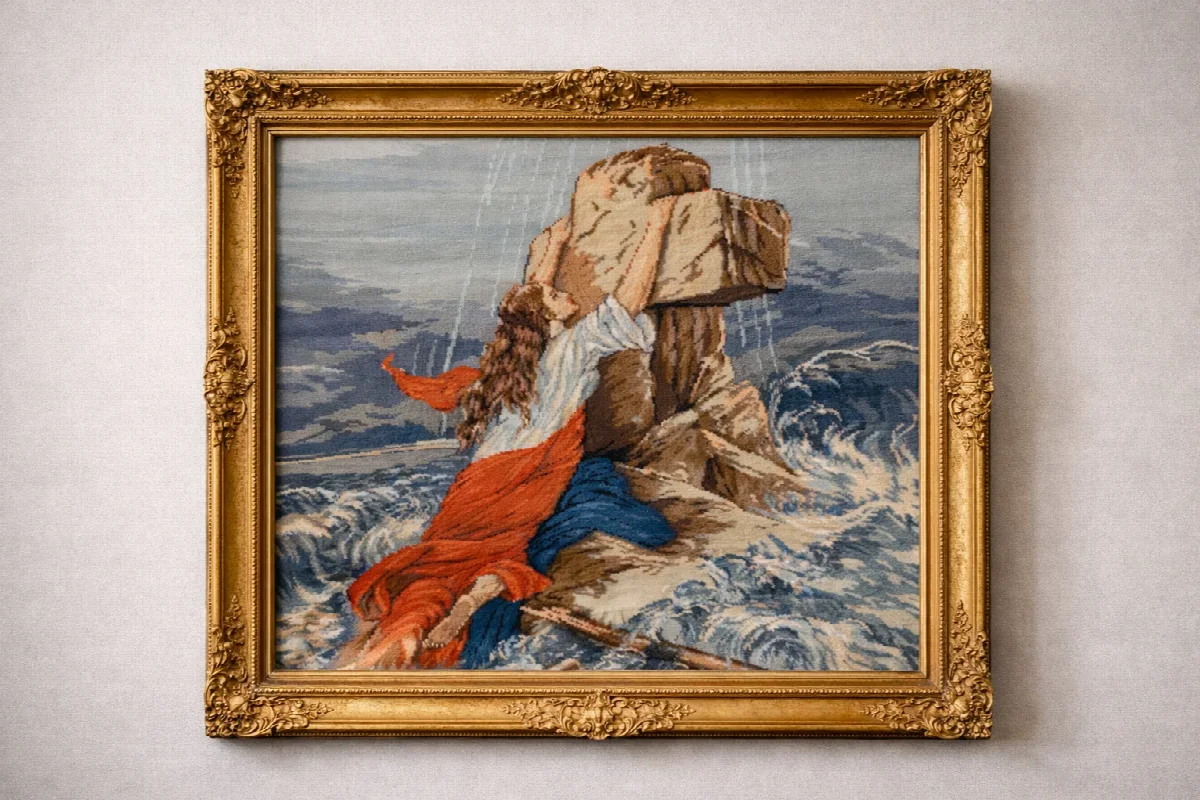 Femme en rouge et bleu agrippée à une croix de pierre au-dessus des vagues, présentée dans un cadre doré